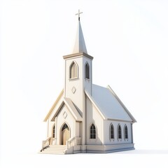Fototapeta premium 3D Render of a Western church with a tall steeple and whitewashed walls, on isolated white background