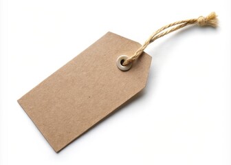 A blank, folded cardboard tag with a string attached lies flat on a crisp white background, awaiting a
