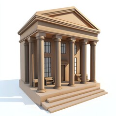 Obraz premium 3D Render of a Western courthouse with tall columns and a judge’s bench, on isolated white background