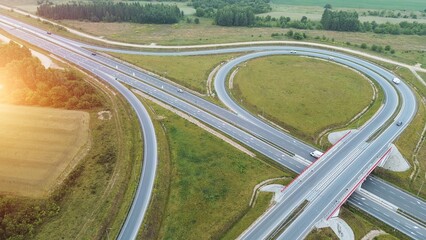 Aerial perspective of highway cloverleaf in Europe