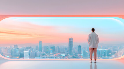 A figure facing a futuristic skyline, ready to embrace the possibilities of a fresh start. The modern city in the distance symbolizes ambition, change, and the optimism of future opportunities.
