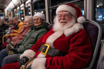 Santa Claus sitting on the bus on the right side of the image smiling with the other passengers, vertical