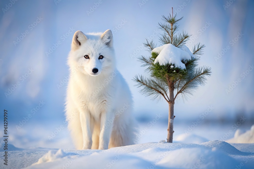 Wall mural arctic fox in winter coat with tree