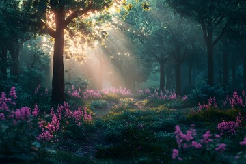 Obraz premium Sunbeams Through a Mystical Forest