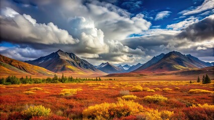 Arctic tundra landscape in autumn with mountains and clouds in Yukon