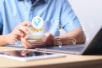 Business work and Assessment for the certificate concept, online survey exam and choose the right answer in the exam international standard certification of product