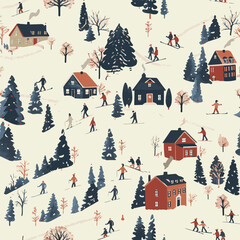 
a New Year's pattern with a winter landscape. print with houses and people who ski. winter day, Christmas holidays