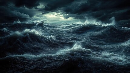 A dark, stormy sea with crashing waves under a thunderous sky, perfect for a dramatic and intense setting