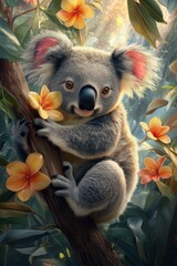 Obraz premium Adorable Koala Clinging to Tree Branch Surrounded by Vibrant Flowers in Lush Forest