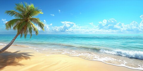 Fototapeta premium Serene Tropical Beach with Coconut Palm and Clear Blue Sky