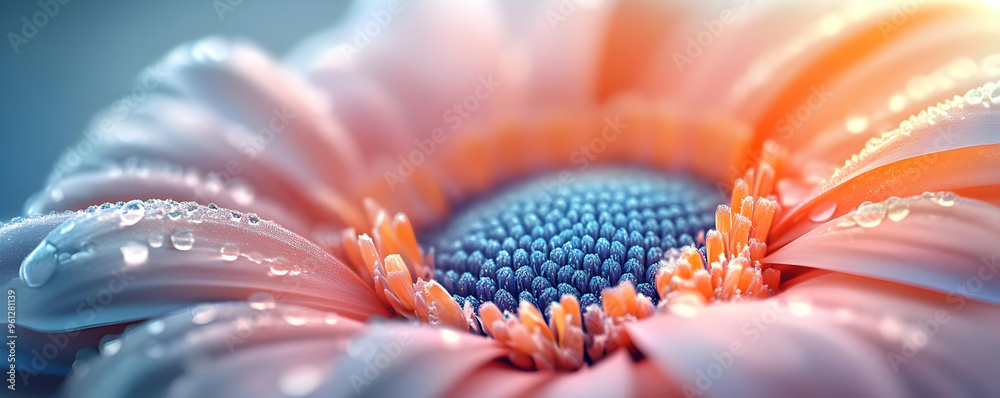 Wall mural Abstract Illustration - Macro Orange Flower Dew Drops Blue Center Petals