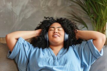 Fototapeta premium Joyful young woman in blue homewear enjoying music with wireless headphones while relaxing on a cozy couch at home