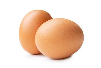 Side view of two fresh brown chicken eggs in stack isolated on white background with clipping path in png file format