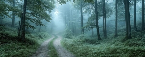 Obraz premium A foggy forest background with a path winding through tall trees, evoking mystery and tranquility