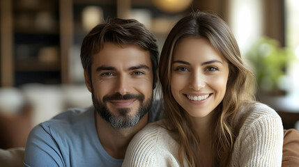 A smiling couple posing together in a cozy indoor setting.