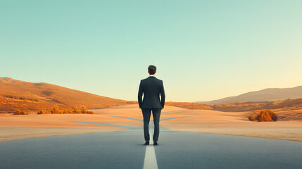 Obraz premium A businessman in a black suit stands at a crossroads in an open landscape, contemplating multiple paths stretching into the distance. The new beginning, career opportunities, and future possibilities.