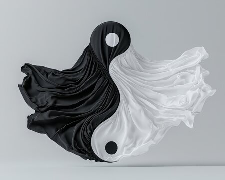 A dynamic representation of yin and yang, featuring flowing black and white silk fabric, symbolizing harmony and balance.
