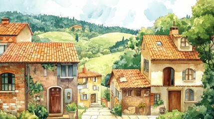 Fototapeta premium Charming Watercolor of Quaint Homes Nestled in Serene Countryside Landscape