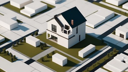 Detailed Model Home Under on Stylized Map - Real Estate Search Concept, Urban Planning, and Architecture