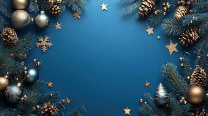 Christmas wallpaper, blue background with gold decorations, large blank space for text in the center, with Christmas trees and stars along the edges, vibrant colors, cartoonish digital illustration