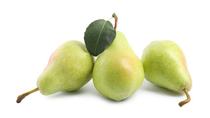 Fresh ripe pears with green leaf isolated on white