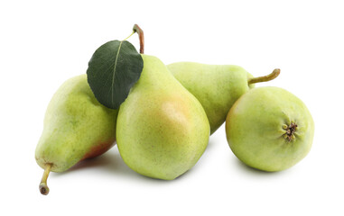 Fresh ripe pears with green leaf isolated on white