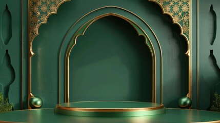 3d modern islamic podium in green background, mosque, gold. banner for islamic banner festivity like eid al adha, fitr, ramadan