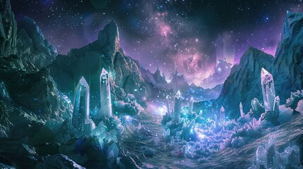 Fototapeta premium Floating crystals and glowing streams of light over mountains in surreal backdrop