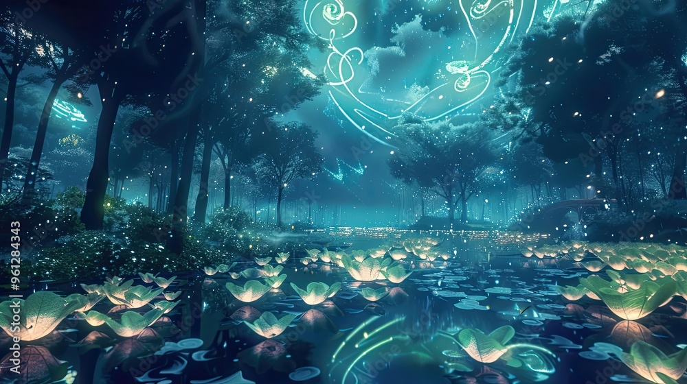 Sticker backdrop with glowing streams and oversized leaves in a surreal dreamlike forest