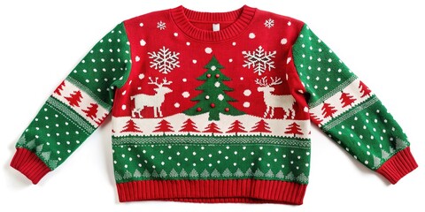 Obraz premium Vibrant red and green festive holiday sweater with snowflakes, reindeer, and trees, garnished with white pom-poms and shiny sequins, lying flat on a white background.