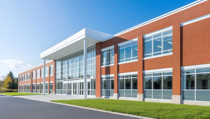 Modern School Building with Large Windows and Red Brick Exterior
