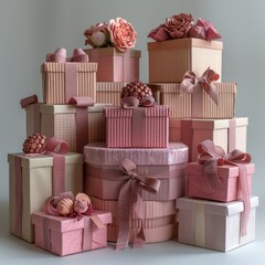 Obraz premium Craft an image of gifts, showcasing a collection of cardboard boxes in shades of romantic red and soft pink, eco-friendly packages 