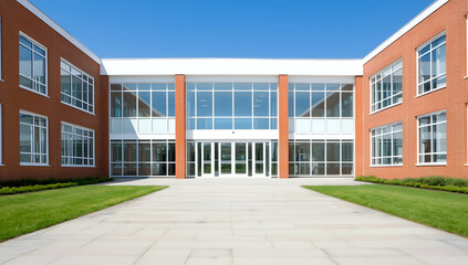 Modern School Building with Large Windows and Red Brick Exterior