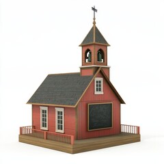 Fototapeta premium 3D Render of a Western schoolhouse with a bell tower and a chalkboard, on isolated white background
