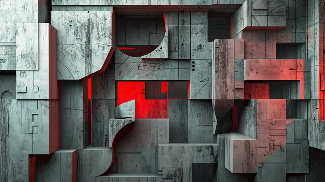 Intricate geometric forms in gray and red constructivist backdrop with soft lighting