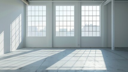 Fototapeta premium Interior of a vacant white loft with shadow from window