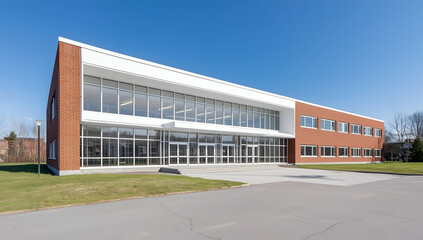 Fototapeta premium Modern School Building with Large Windows and Red Brick Exterior