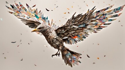 A mixed media composition of a bird in flight, with wings made of torn magazine clippings and a body that dissolves into abstract digital shapes, representing freedom and transformation