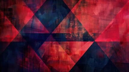 Abstract background with overlapping triangles and squares in reds and blues