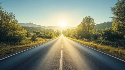A clear sky above a peaceful countryside road, lined with green trees and bathed in bright sunlight.
