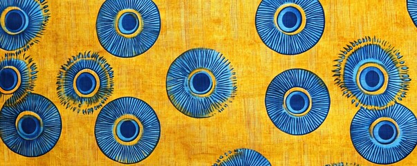 Colorful African wax print cloth with circular patterns in blue and yellow