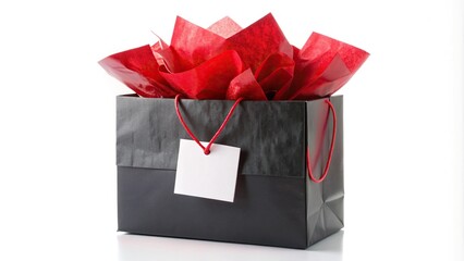 Asymmetrical black gift bag with red tissue paper and white label isolated on white