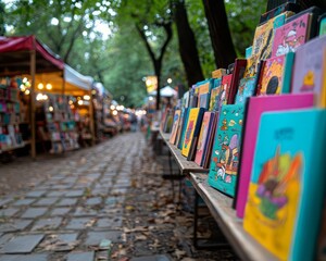 Fototapeta premium A vibrant book market showcasing colorful books lined up along a charming outdoor pathway under green trees.