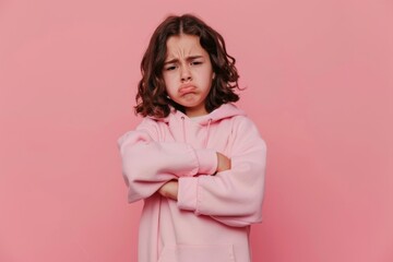 Fototapeta premium Casual young girl with folded arms expresses frustration against a vibrant pink backdrop, capturing a moment of teenage emotion