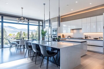 Fototapeta premium Modern kitchen with sleek design and scenic mountain view.