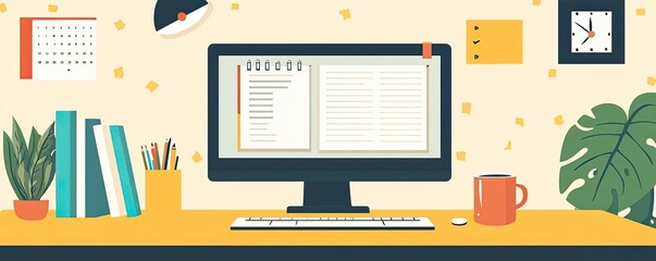 A well-organized workspace with a desktop computer, planner, and coffee mug, illustrating productivity and efficiency in a home office setting