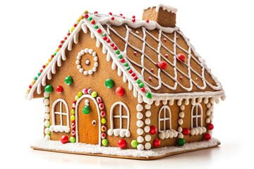 Asymmetrical Christmas gingerbread house on white background