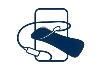 A simple, line-art logo featuring a smartphone with a pair of earphones wrapping around it.