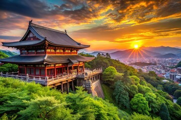 Fototapeta premium Vibrant sunset casts a warm glow on historic Kiyomizu-dera Temple's wooden stage, set amidst lush green forests and traditional Japanese architecture in Bunkyo City.