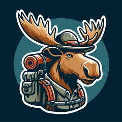 Adventurous Moose with a Hiking Backpack head mascot, Vector, minimalistic